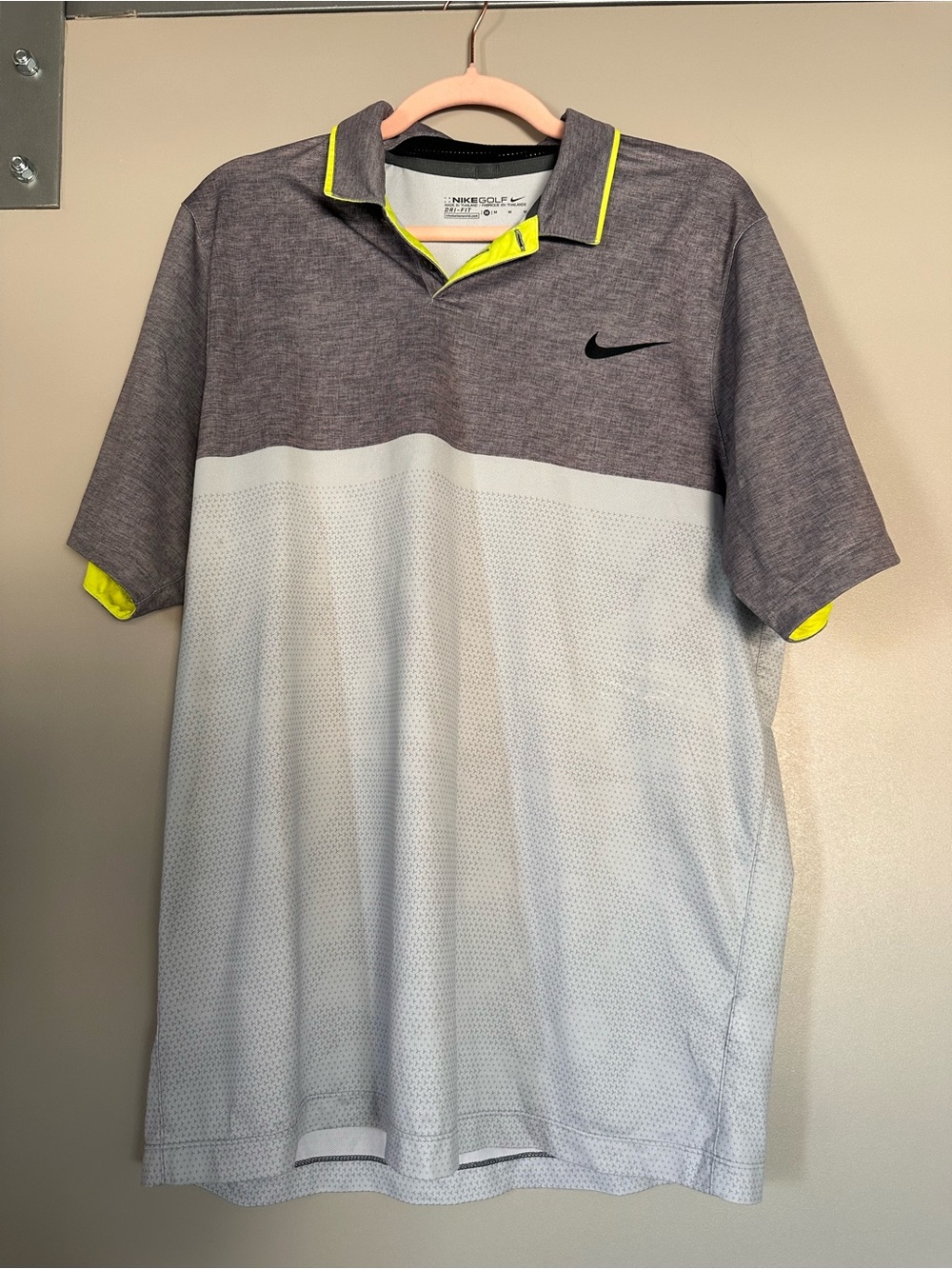 Nike Men’s Gray and White Polo with Neon Yellow Trim